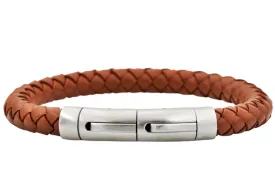 Mens Brown Leather Stainless Steel Extendable Bracelet