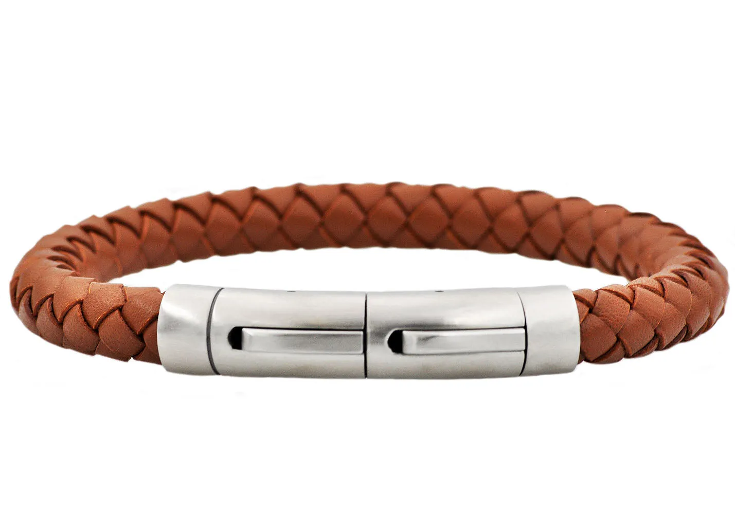 Mens Brown Leather Stainless Steel Extendable Bracelet