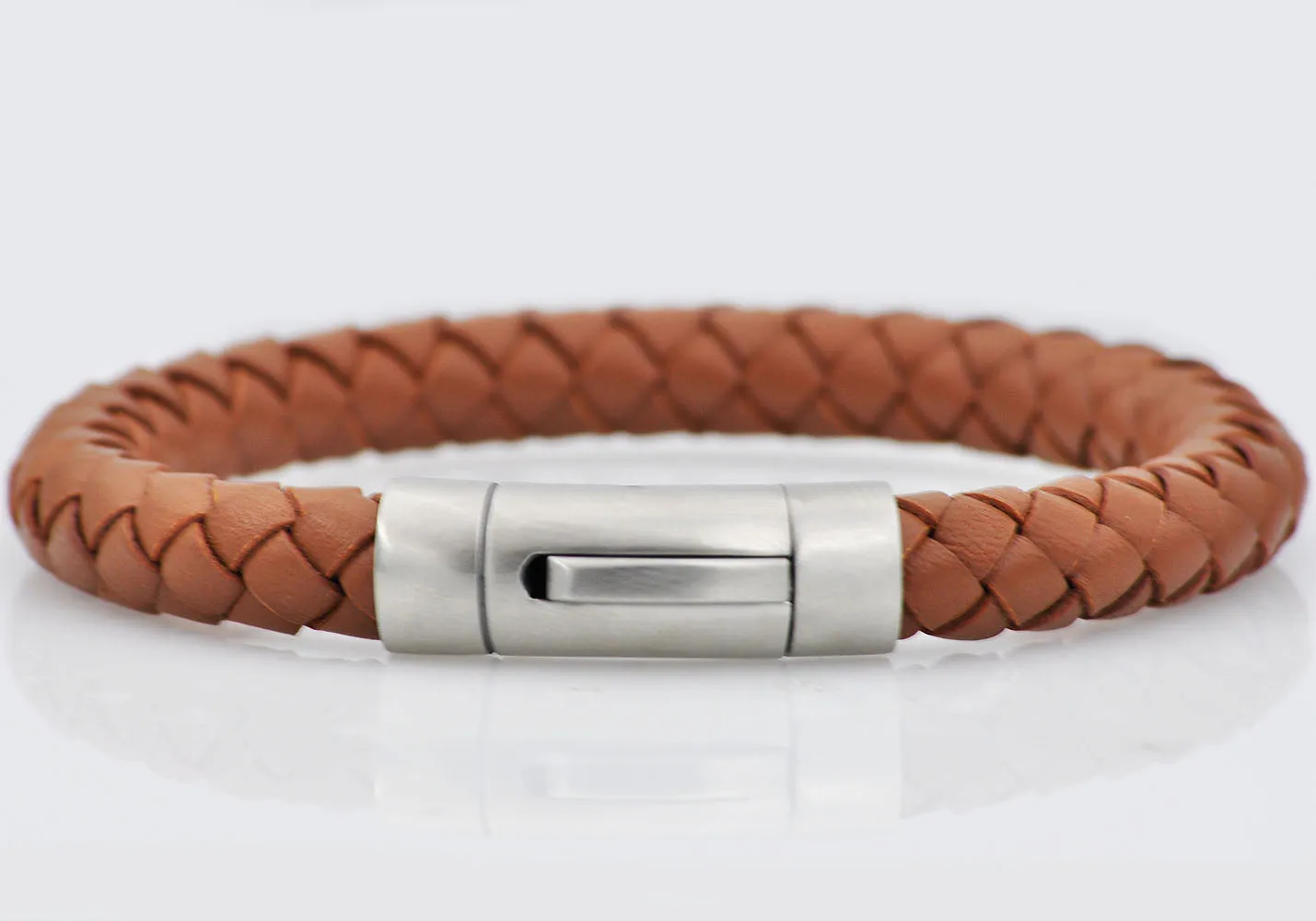 Mens Brown Leather Stainless Steel Extendable Bracelet