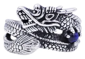 Mens Genuine Blue Tiger Eye Stainless Steel Dragon Ring