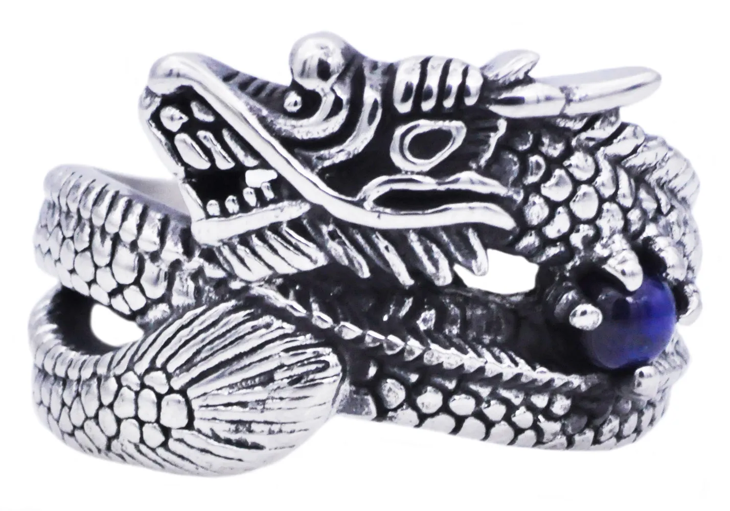Mens Genuine Blue Tiger Eye Stainless Steel Dragon Ring
