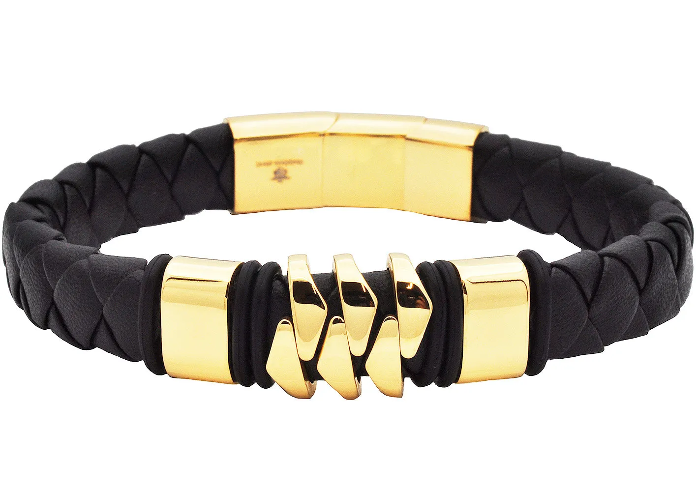 Mens Genuine Gold Plated Leather Blue Stainless Steel Bracelet