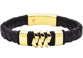 Mens Genuine Gold Plated Leather Blue Stainless Steel Bracelet