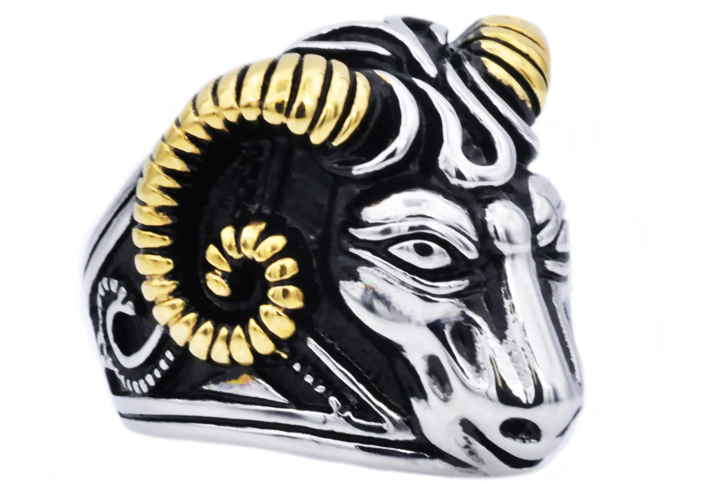 Mens Gold And Black Stainless Steel Ram Ring