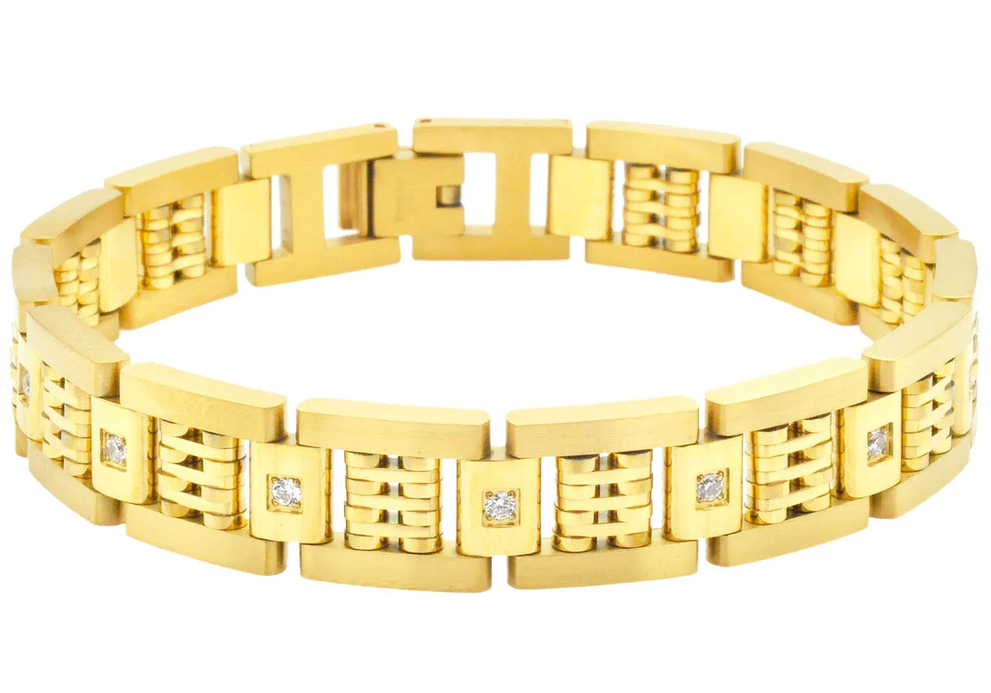 Mens Gold Plated Stainless Steel Bracelet With Cubic Zirconia
