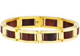 Mens Gold Stainless Steel And Wood Bracelet