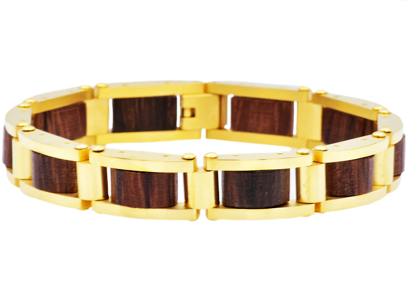 Mens Gold Stainless Steel And Wood Bracelet