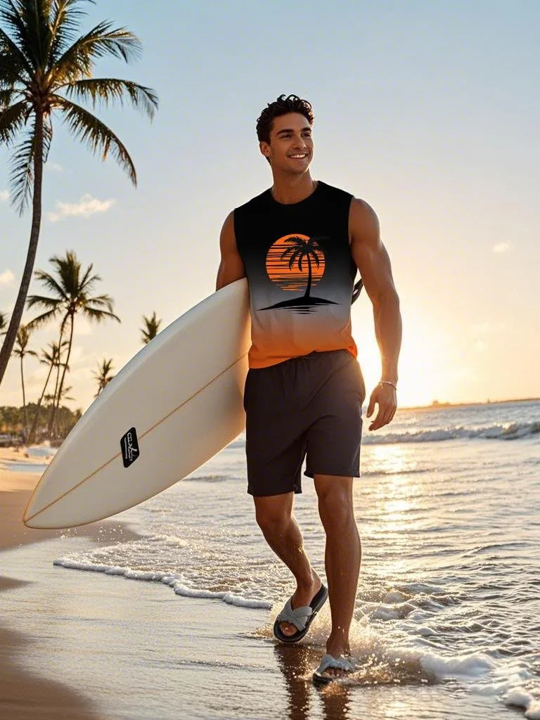 Mens Graphic Tank Tops Workout Sleeveless Shirts Hawaiian Palm Tree Vacation Tanks for Men Summer Beach T-Shirt