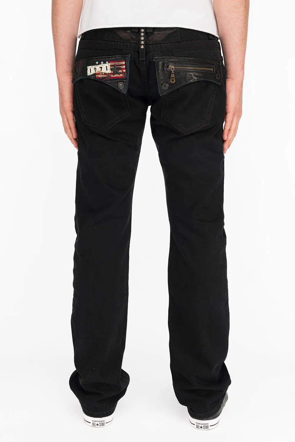 MENS LEATHER FLAP POCKET STRAIGHT LEG JEANS IN BLK