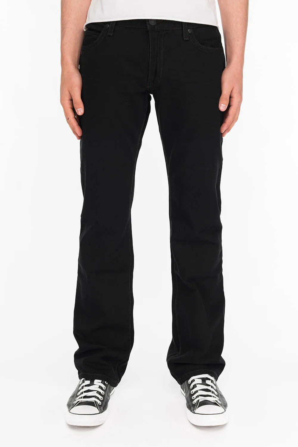 MENS LEATHER FLAP POCKET STRAIGHT LEG JEANS IN BLK