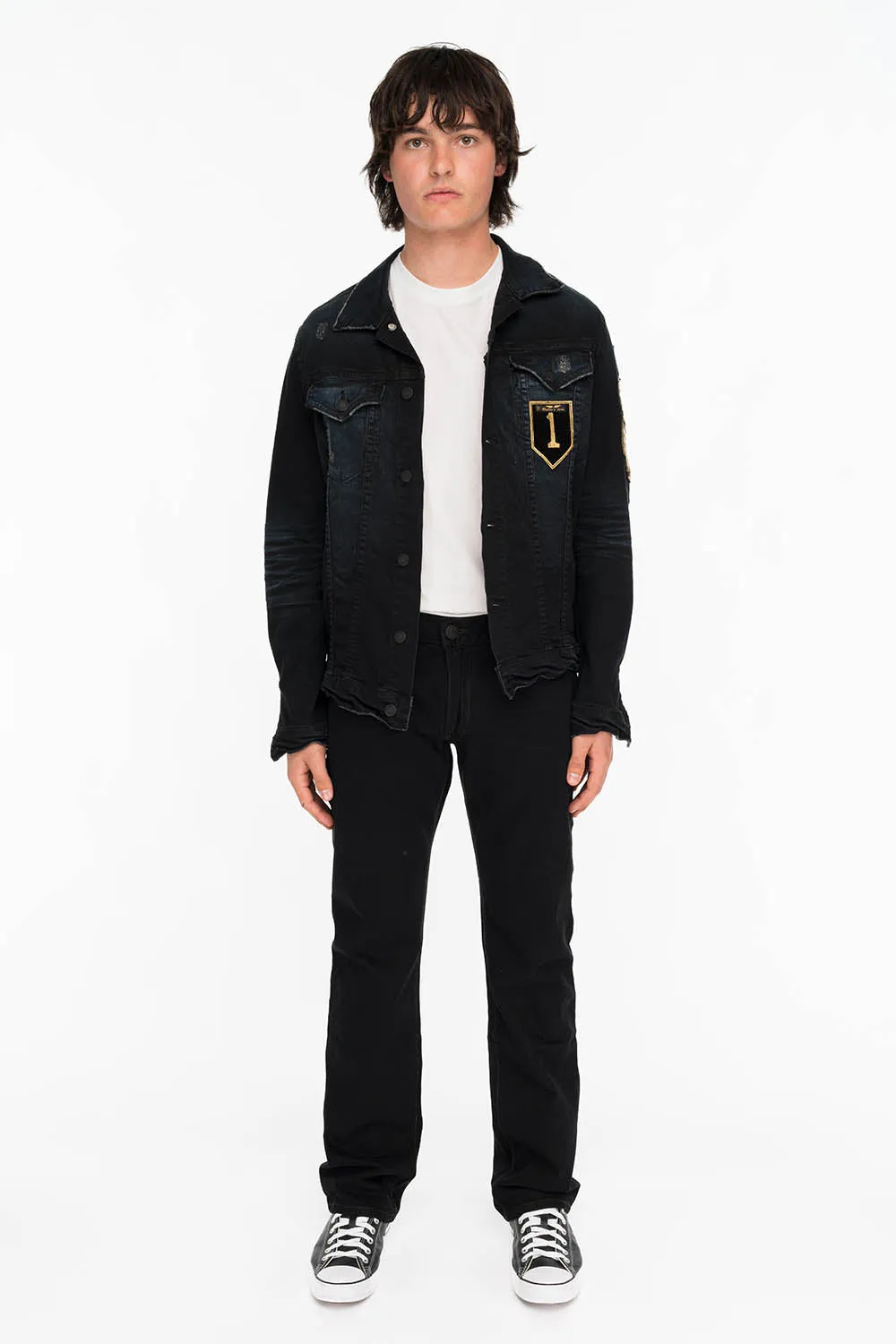 MENS LEATHER FLAP POCKET STRAIGHT LEG JEANS IN BLK