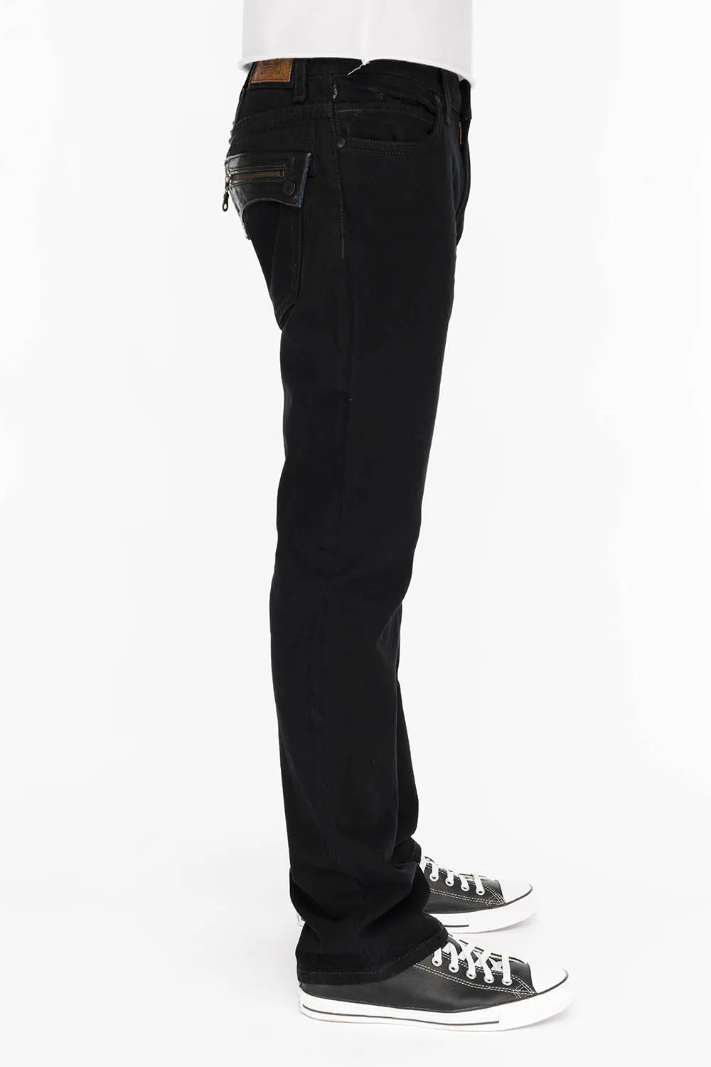MENS LEATHER FLAP POCKET STRAIGHT LEG JEANS IN BLK