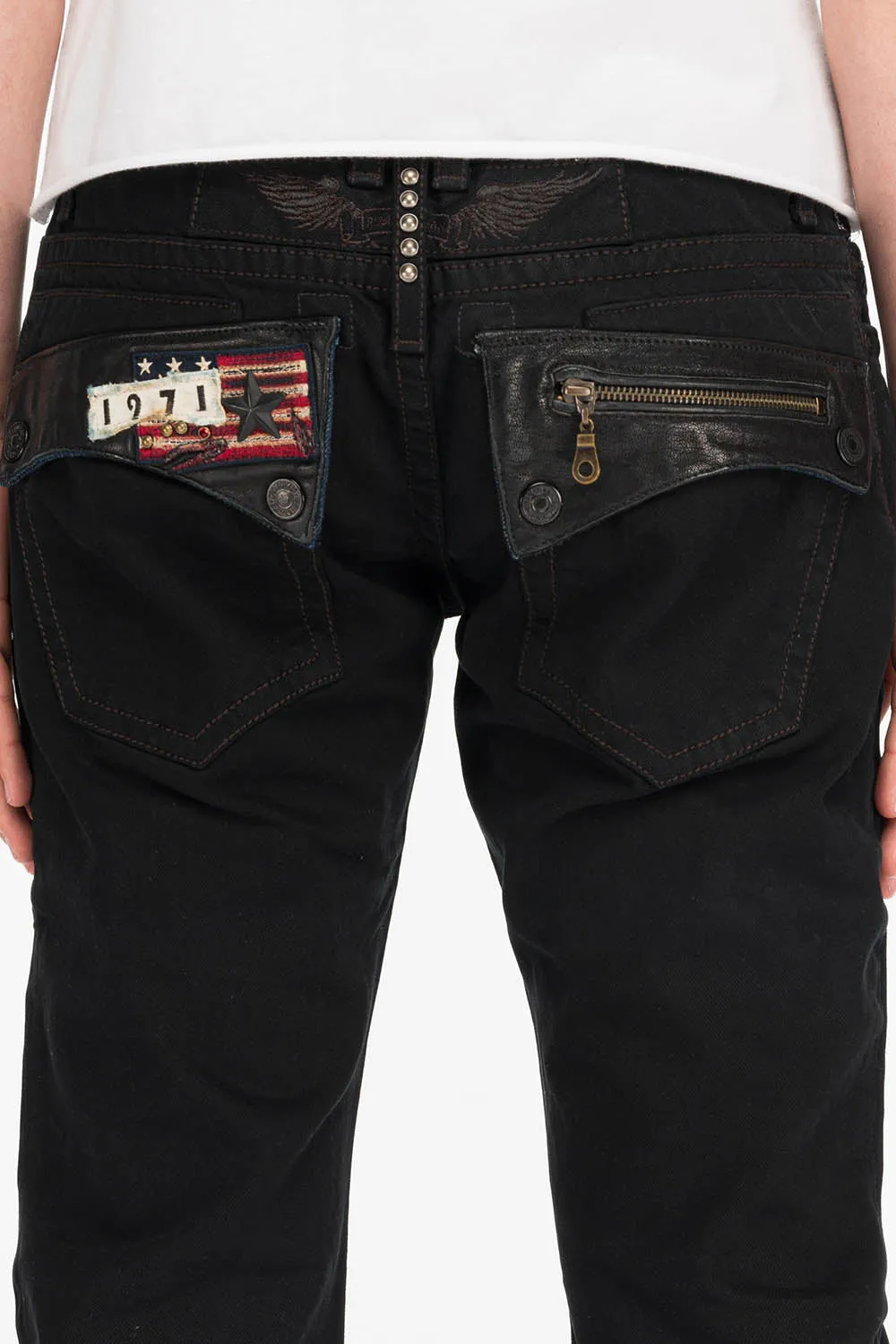 MENS LEATHER FLAP POCKET STRAIGHT LEG JEANS IN BLK