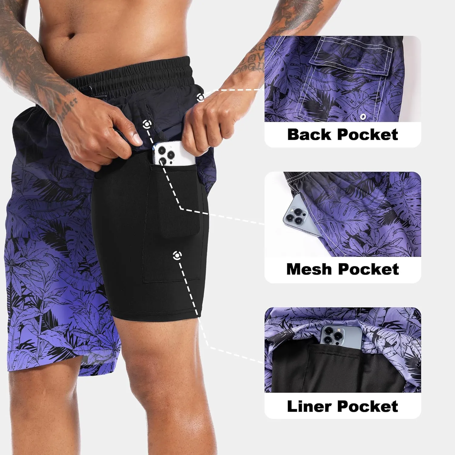 Mens Swim Trunks with Compression Liner 9" Stretch Board Shorts 2 in 1 Quick Dry Swimwear Bathing Suits