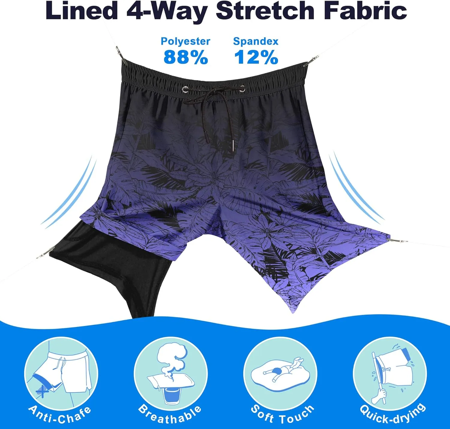 Mens Swim Trunks with Compression Liner 9" Stretch Board Shorts 2 in 1 Quick Dry Swimwear Bathing Suits