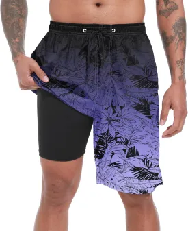 Mens Swim Trunks with Compression Liner 9" Stretch Board Shorts 2 in 1 Quick Dry Swimwear Bathing Suits