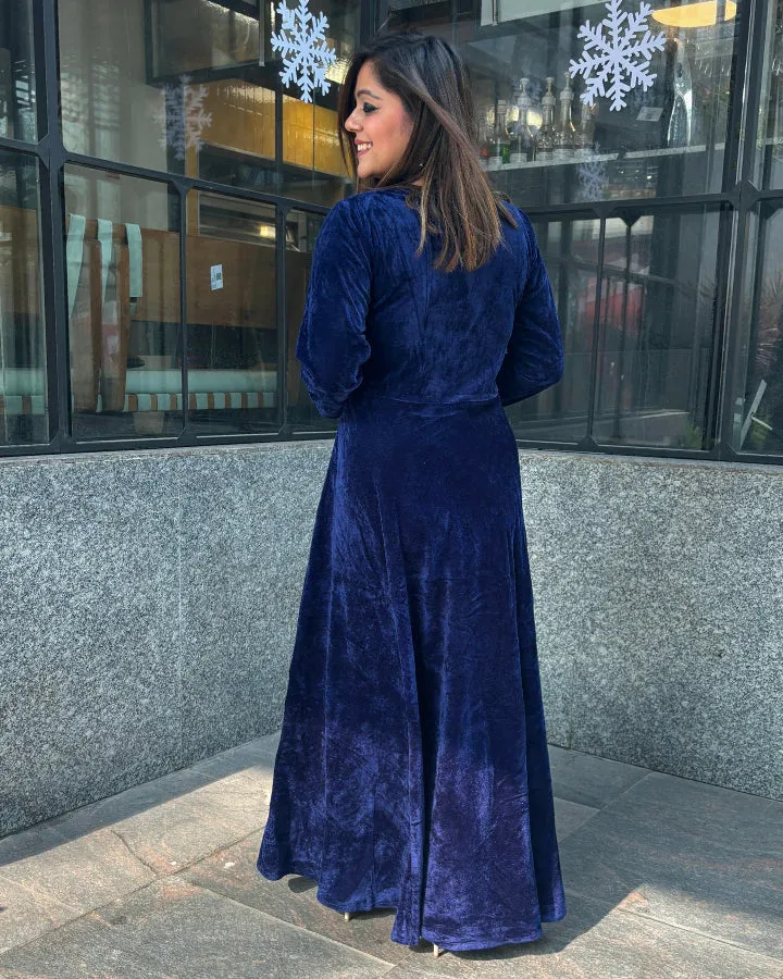 Navy Blue Fit and Flare Long Velvet Dress