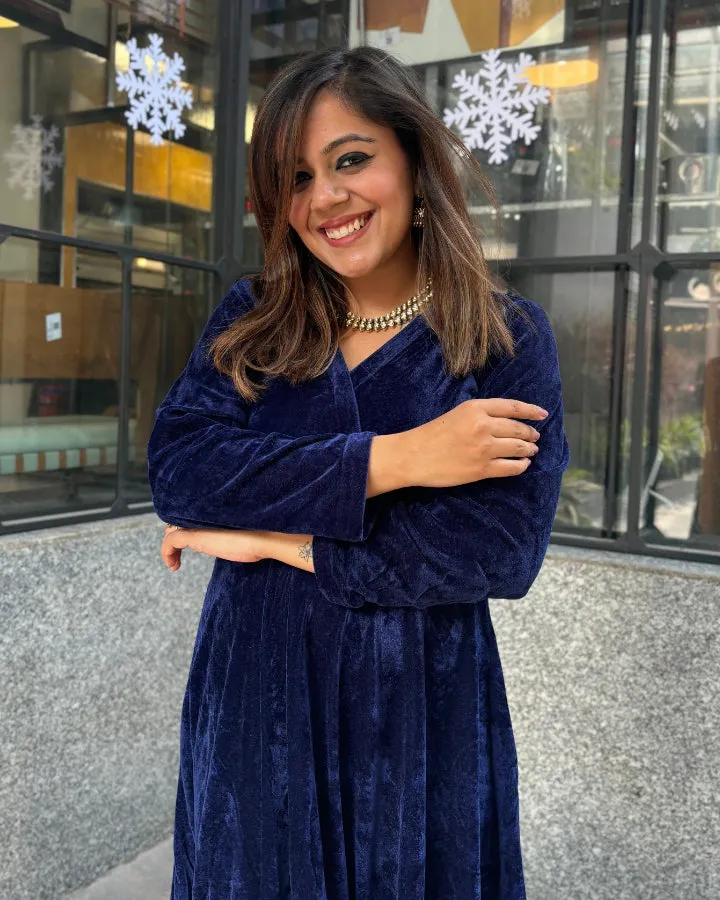 Navy Blue Fit and Flare Long Velvet Dress