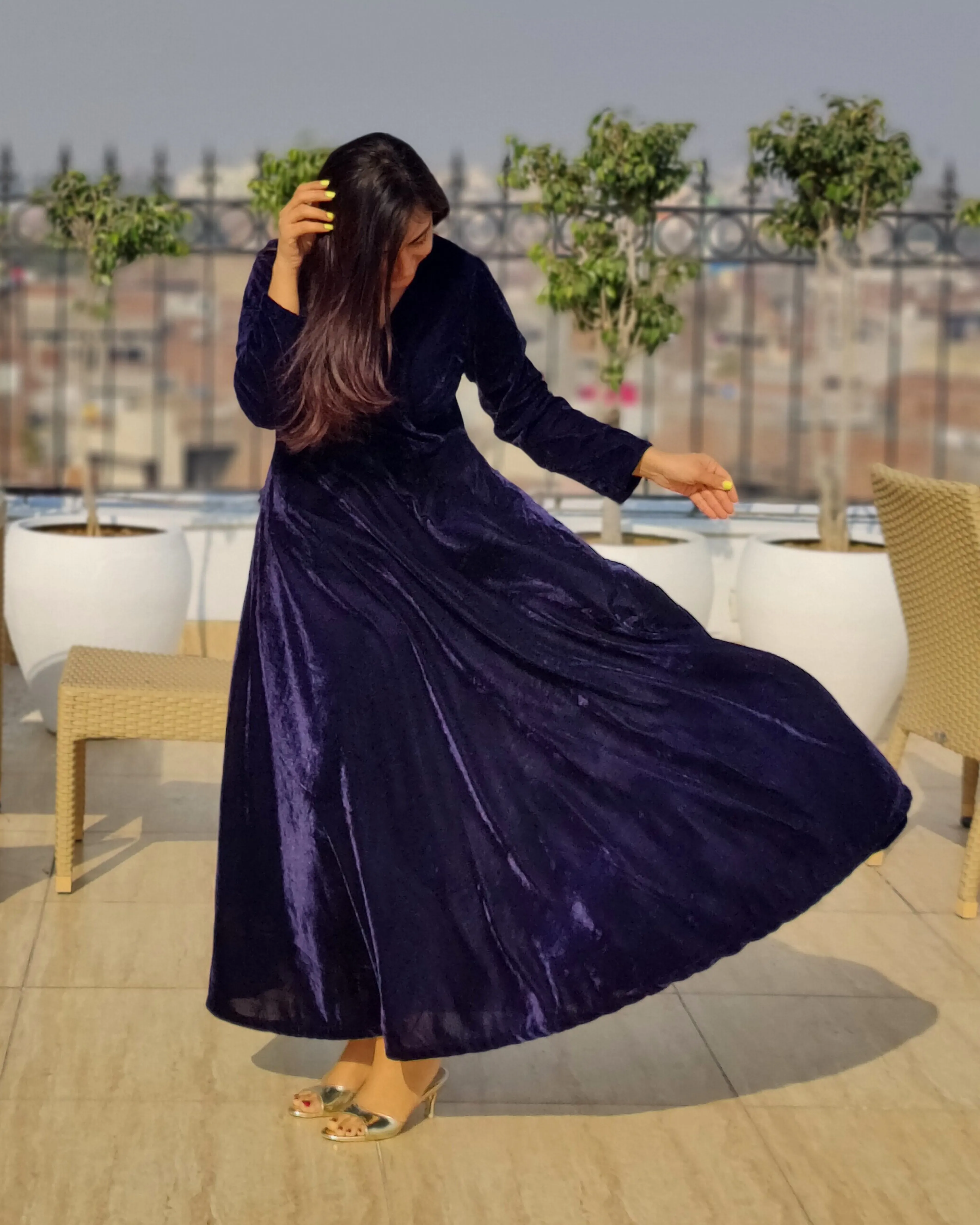Navy Blue Fit and Flare Long Velvet Dress