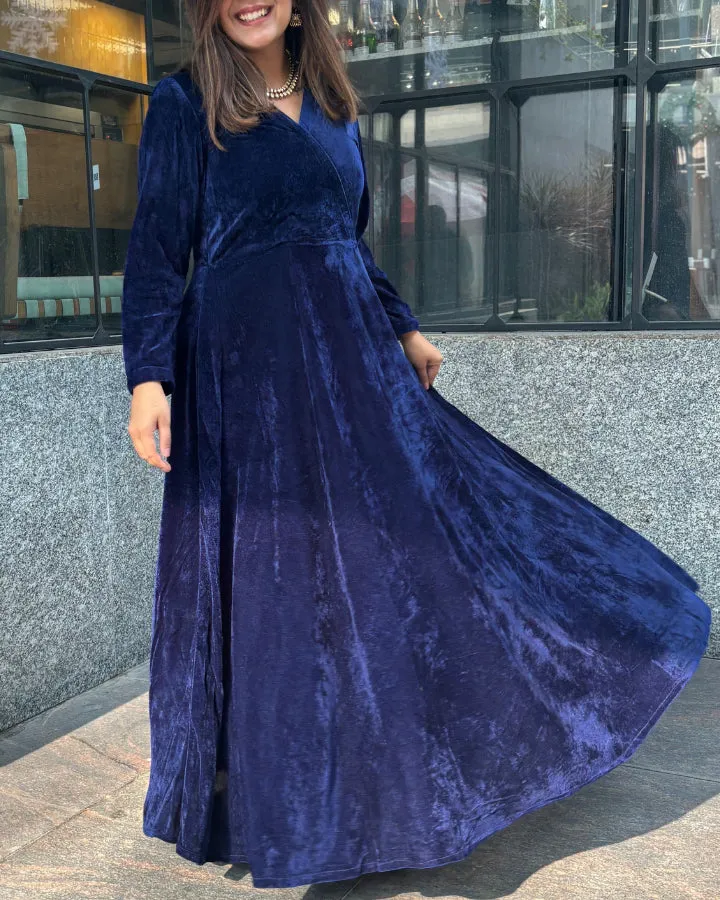 Navy Blue Fit and Flare Long Velvet Dress