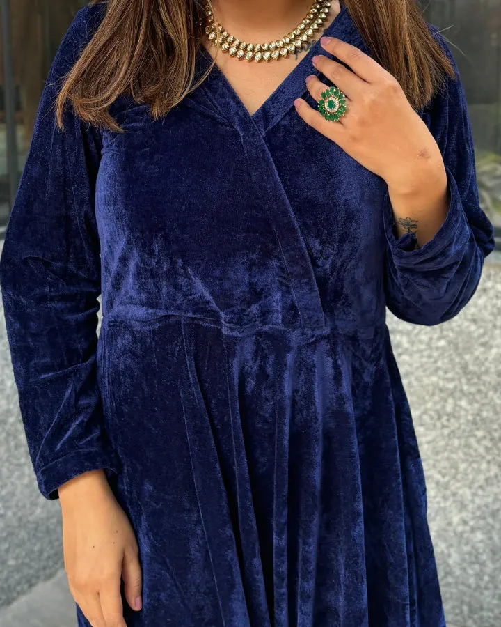 Navy Blue Fit and Flare Long Velvet Dress