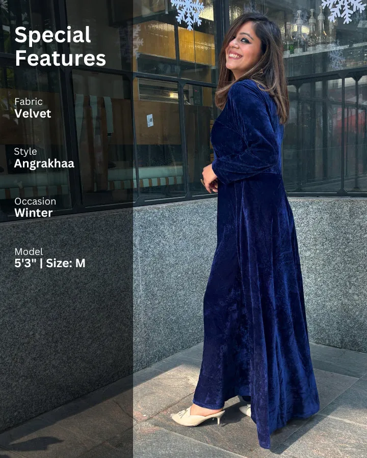 Navy Blue Fit and Flare Long Velvet Dress