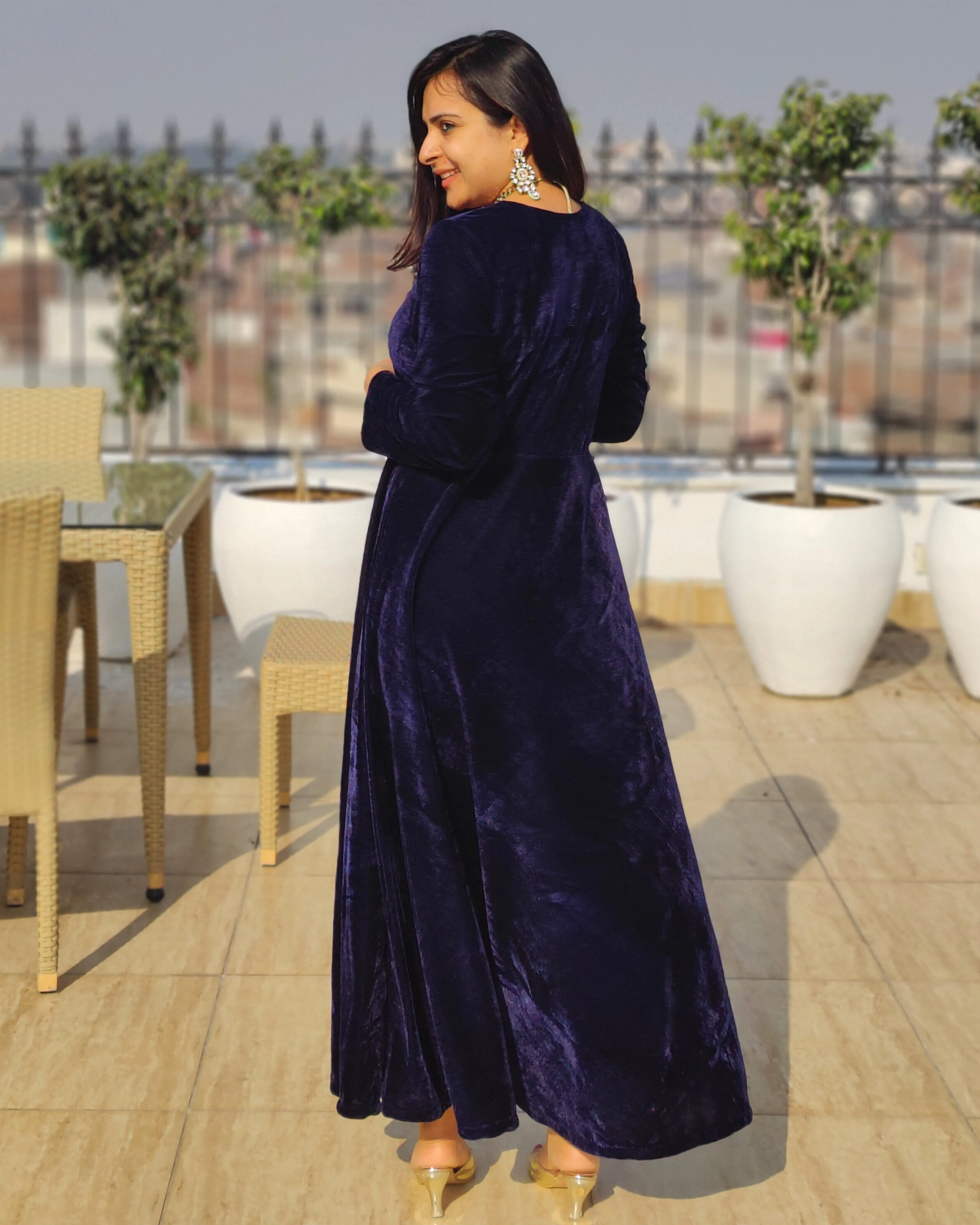 Navy Blue Fit and Flare Long Velvet Dress