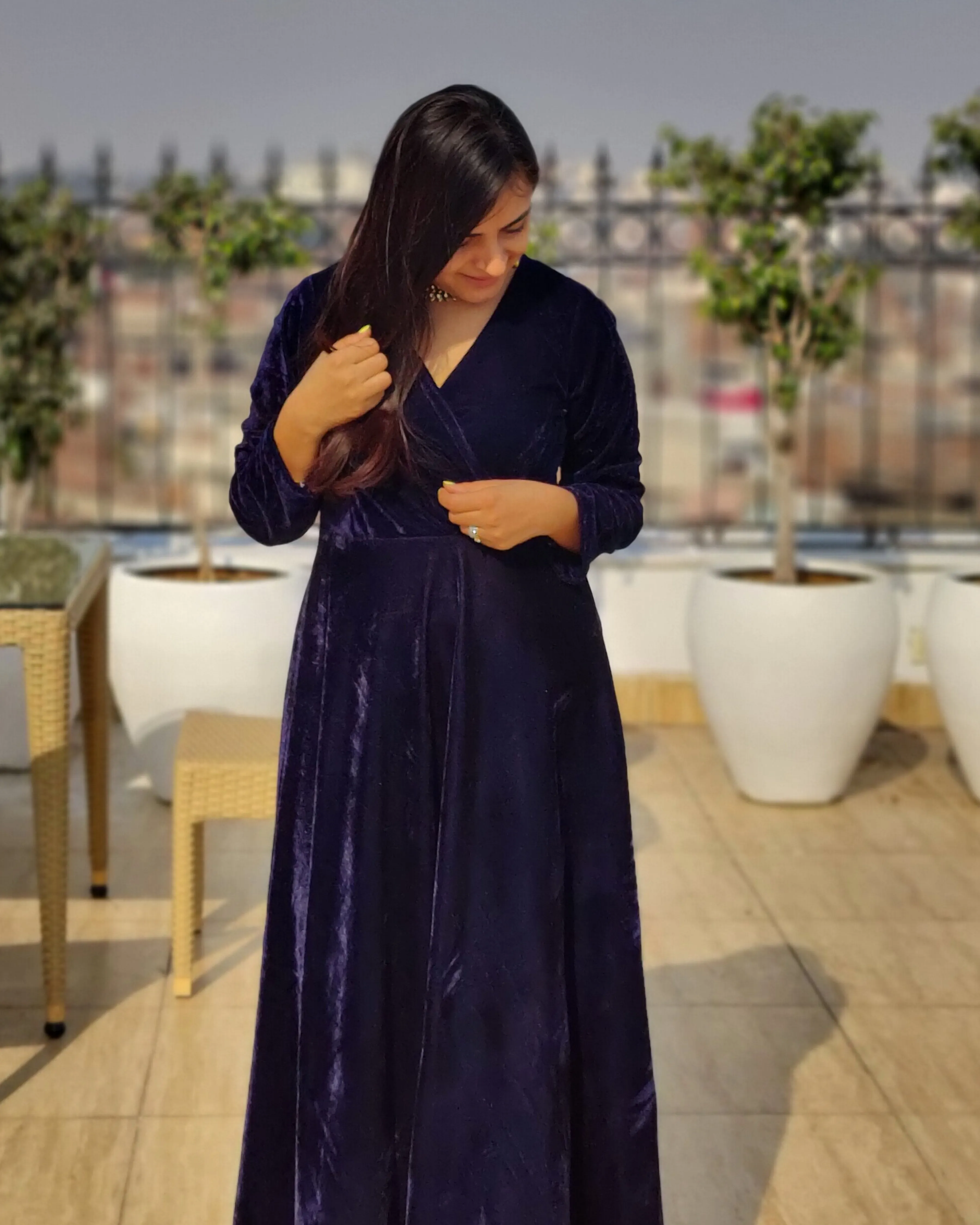 Navy Blue Fit and Flare Long Velvet Dress