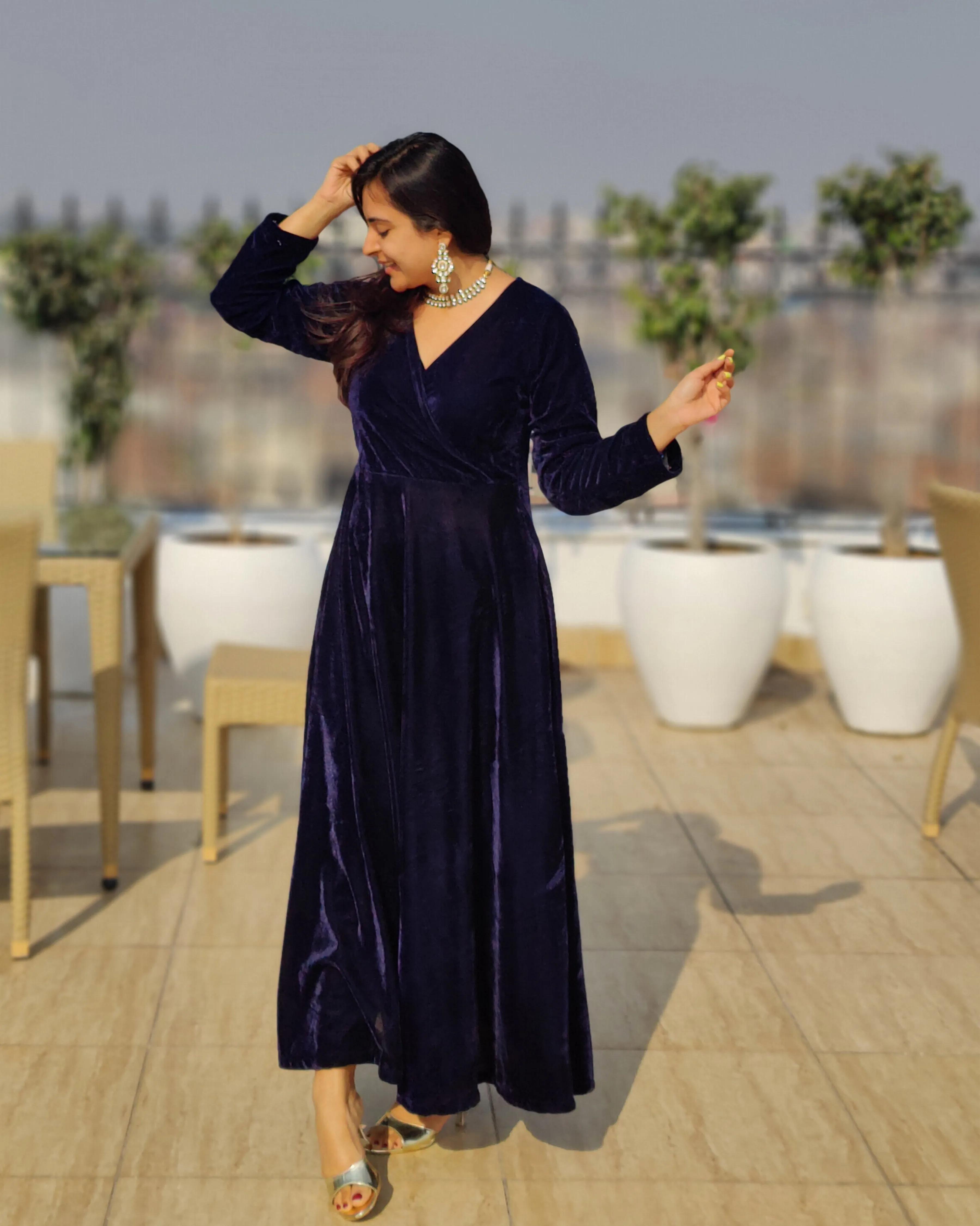 Navy Blue Fit and Flare Long Velvet Dress