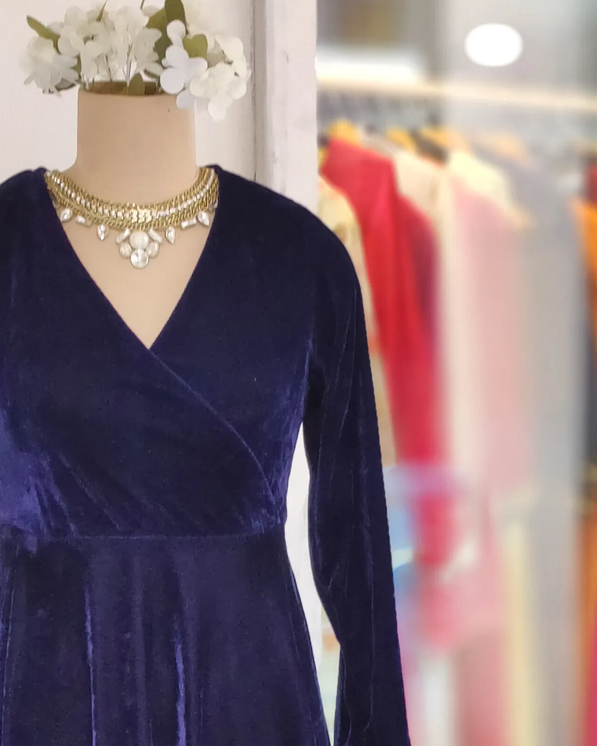 Navy Blue Fit and Flare Long Velvet Dress