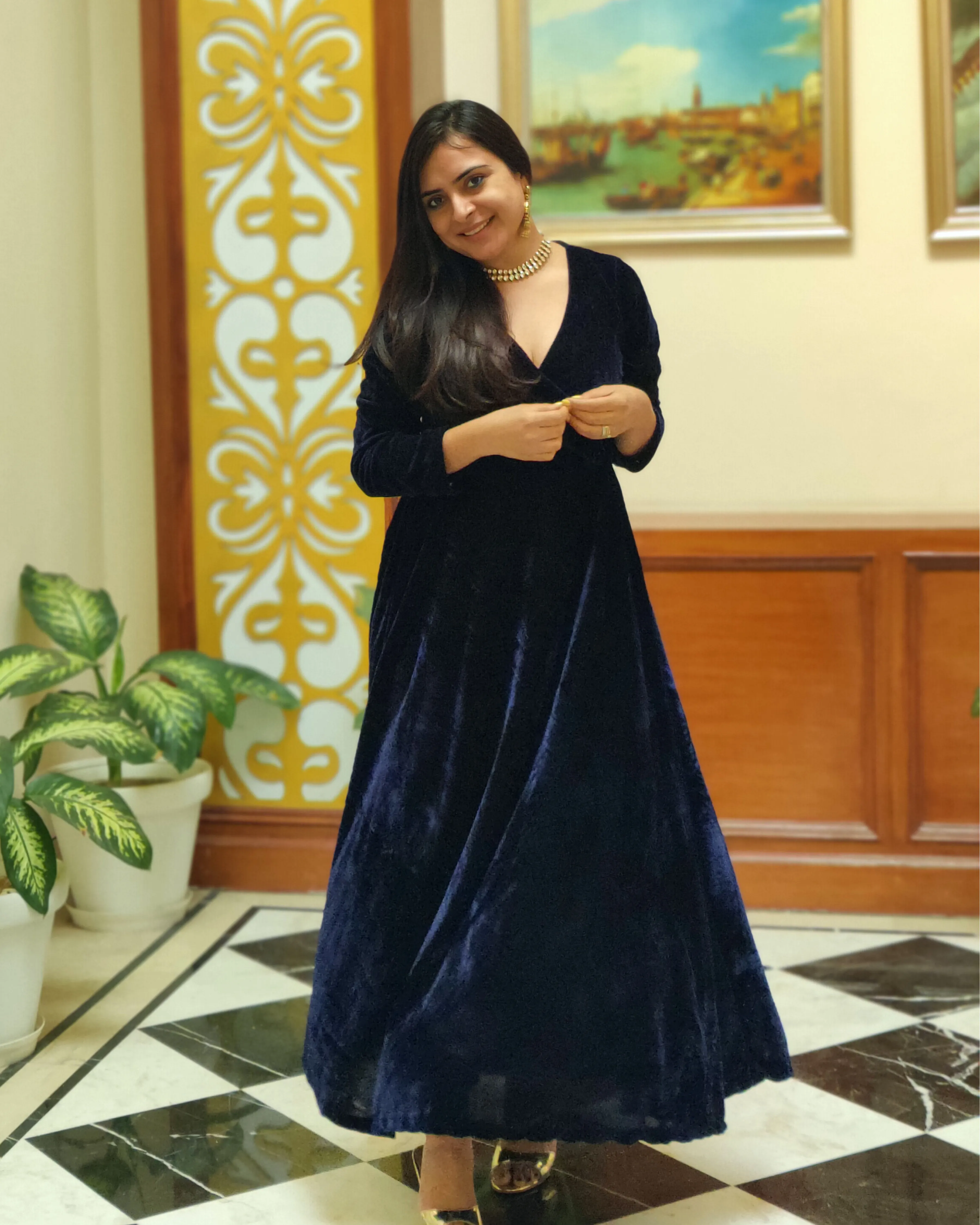 Navy Blue Fit and Flare Long Velvet Dress
