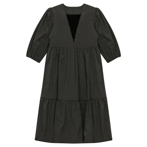Elegant Taffeta Dress with Velvet Insert and Pompom Accents