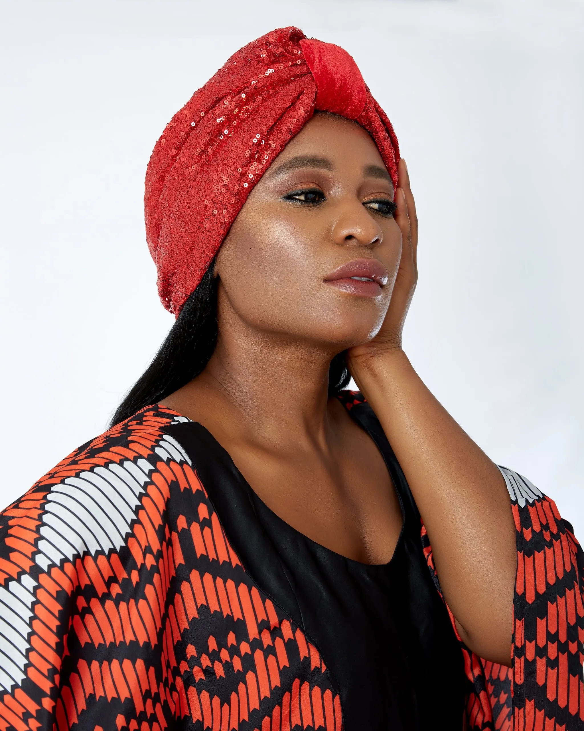 Pre made Ready to Wear Black Sequin Velvet Turban Cap - Iniedo