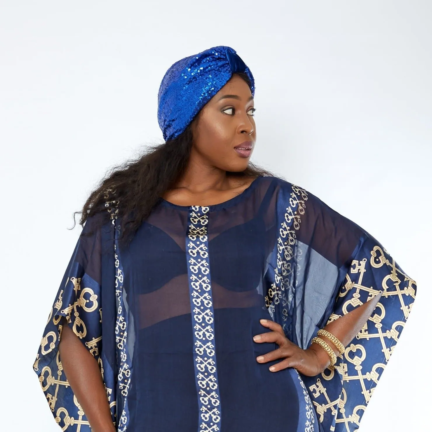 Pre made Ready to Wear Black Sequin Velvet Turban Cap - Iniedo