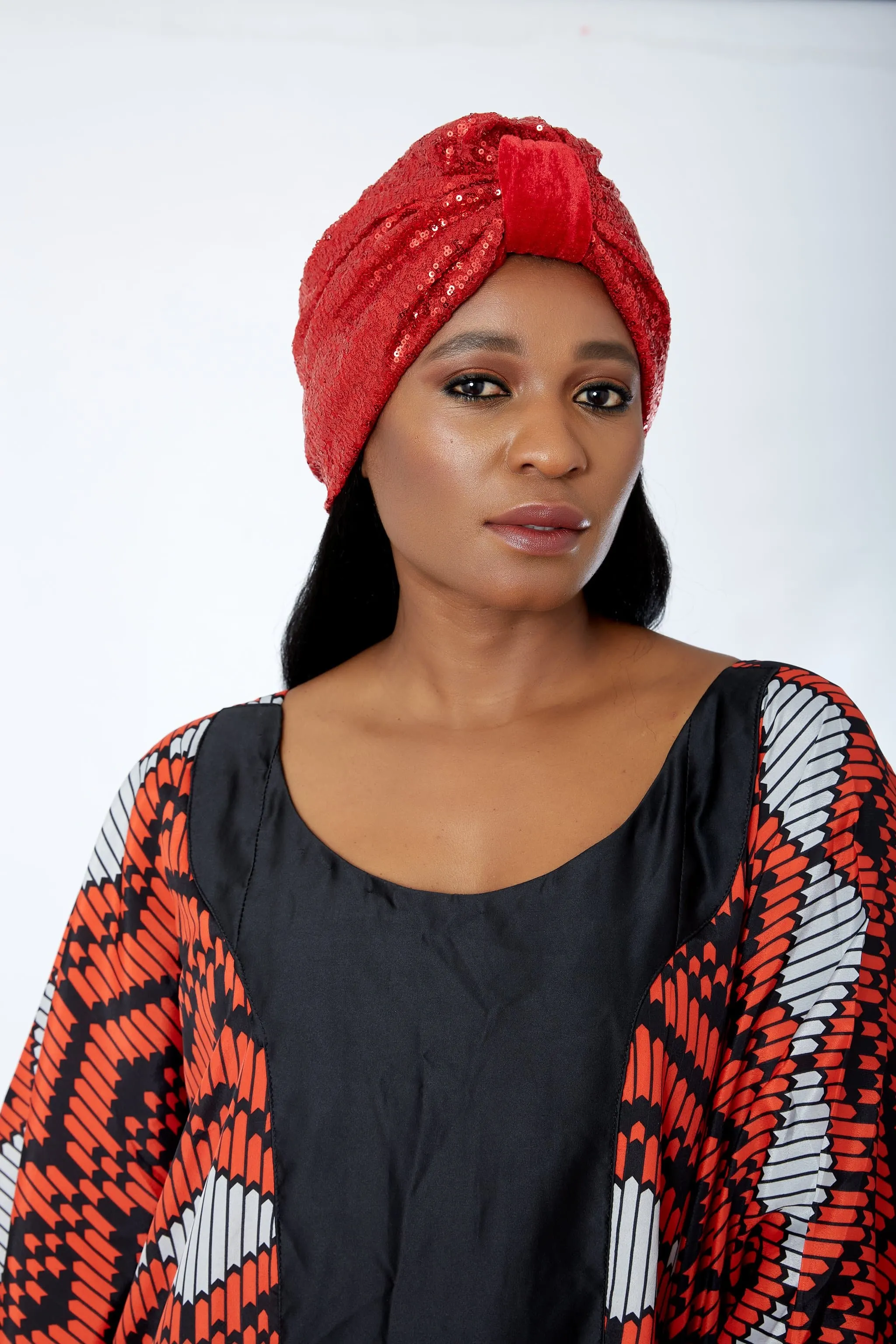 Pre made Ready to Wear Black Sequin Velvet Turban Cap - Iniedo