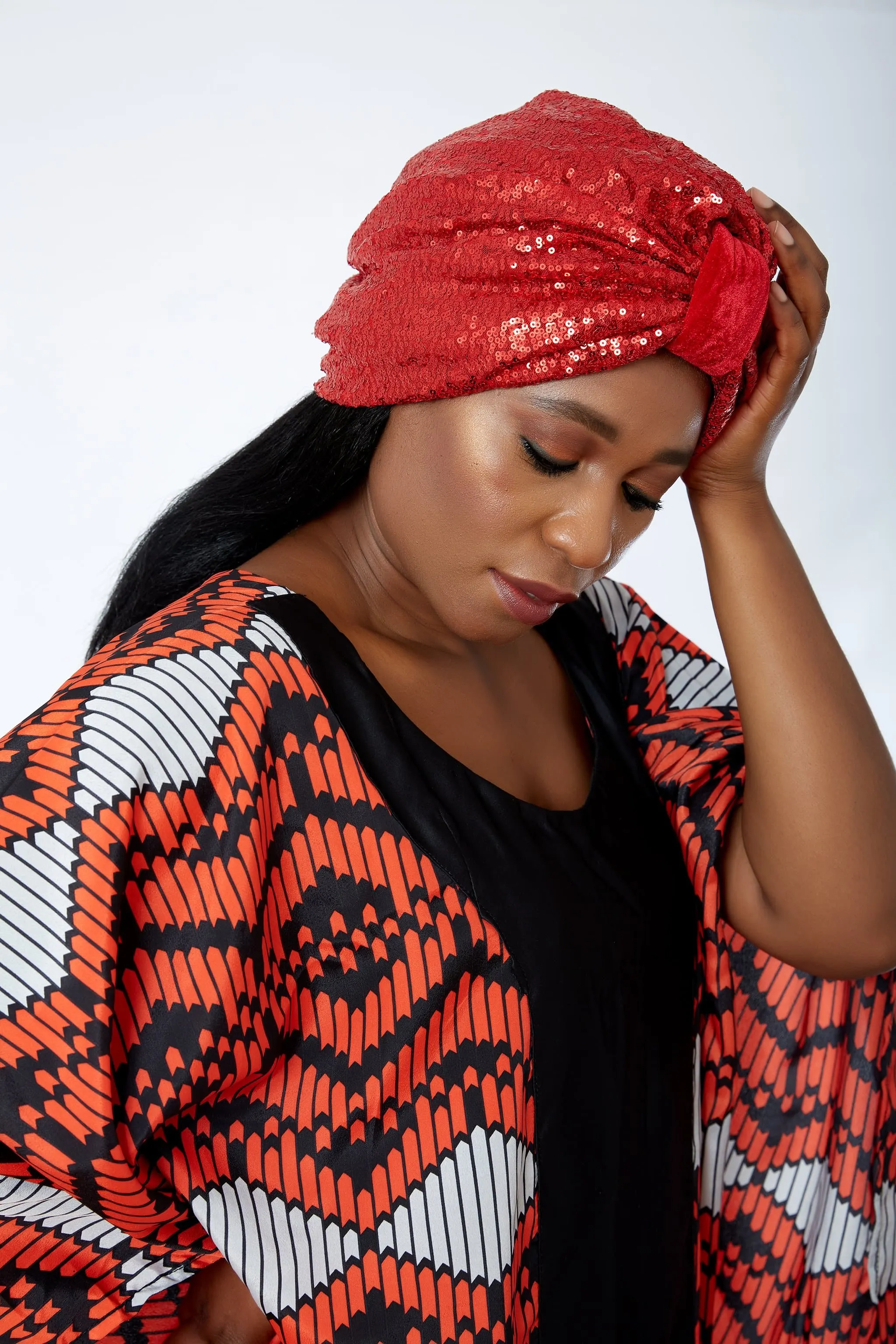 Pre made Ready to Wear Black Sequin Velvet Turban Cap - Iniedo