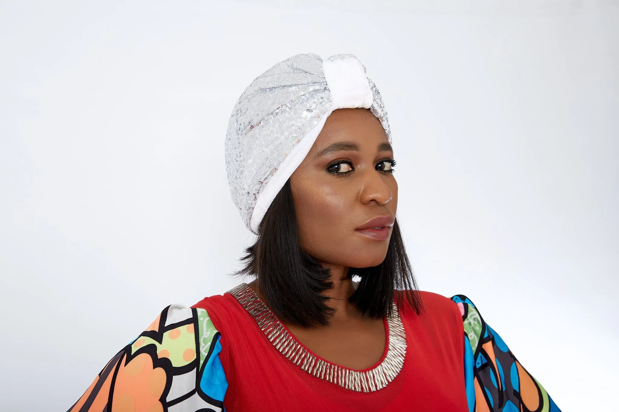 Pre made Ready to Wear Black Sequin Velvet Turban Cap - Iniedo