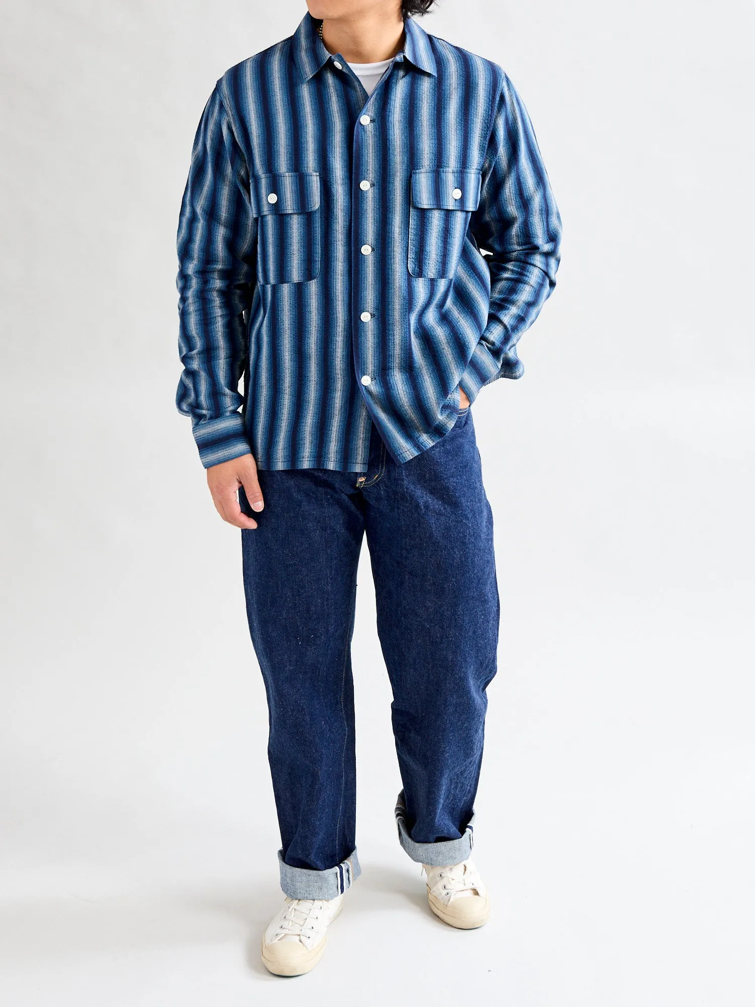 "Awa-Ai" Long Sleeve Shirt in Indigo Shijira Stripe