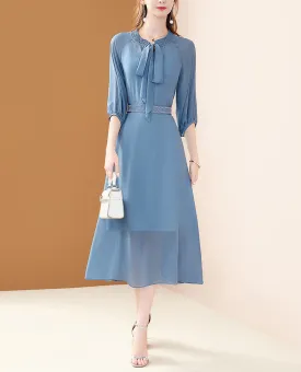 Renee Elastic Neckline Waist Belted Midi Silk Dress With Bottom Dress