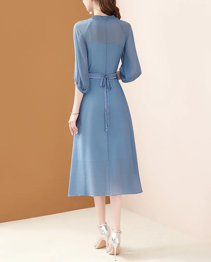 Renee Elastic Neckline Waist Belted Midi Silk Dress With Bottom Dress