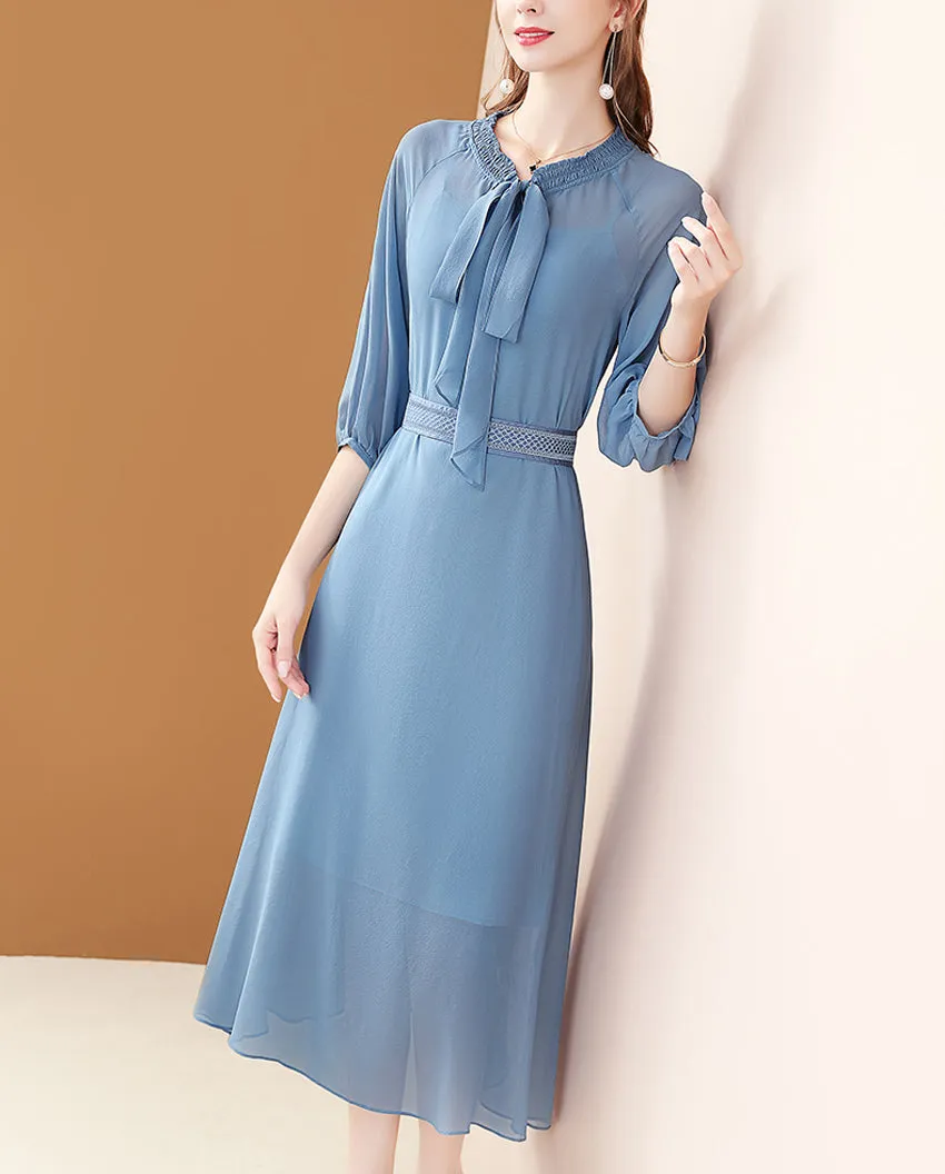 Renee Elastic Neckline Waist Belted Midi Silk Dress With Bottom Dress