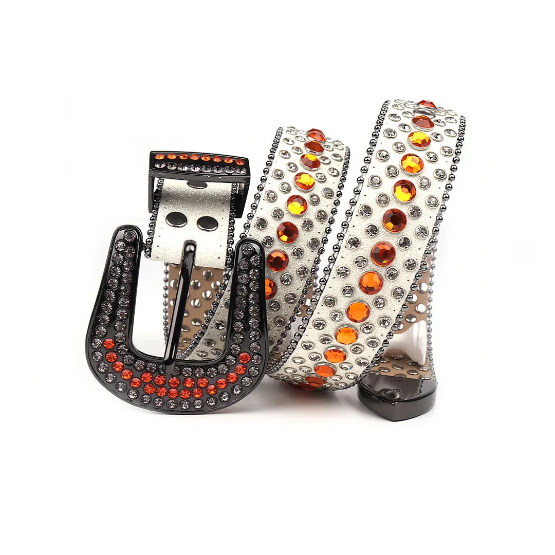 Rhinestone White Strap With Orange & Crystal Studded Belt