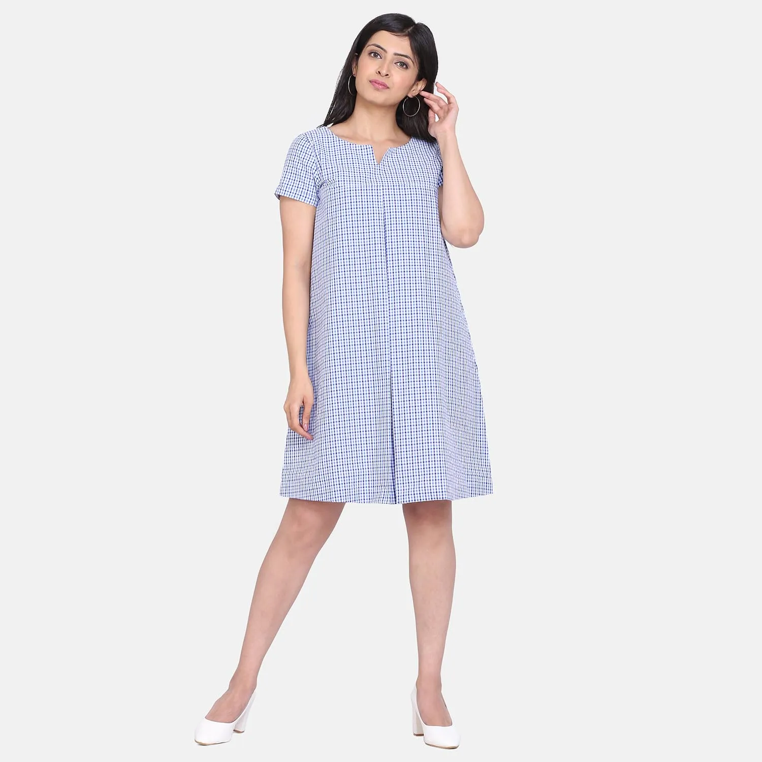 Sky Blue Gingham Cotton Short Sleeves Dress