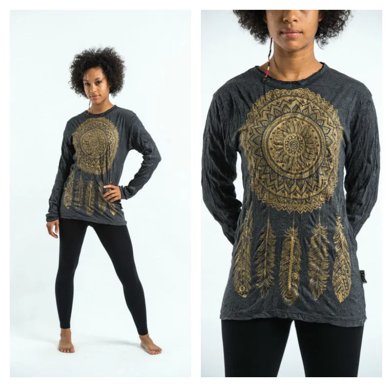 Sure Design Unisex Dreamcatcher Long Sleeve T-Shirt Gold on Black