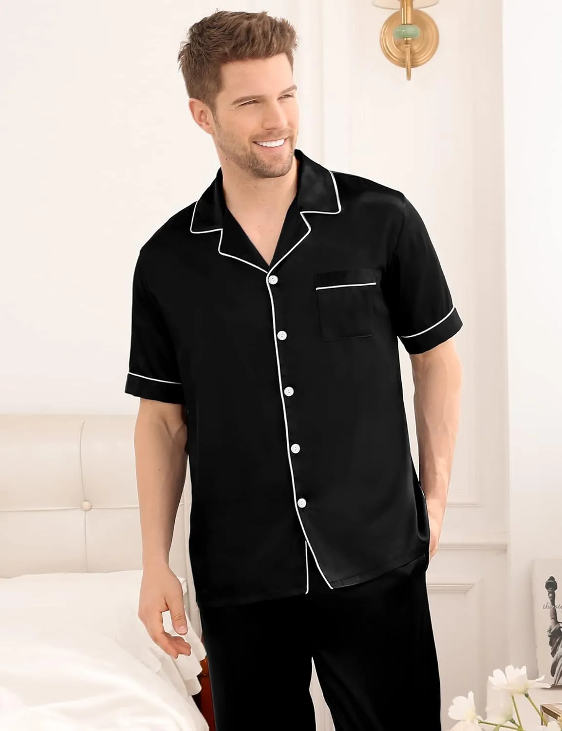 SWOMOG Mens Satin Silky Pajama Set Short Sleeve Classic Sleepwear Button Down Loungewear with Long Pants