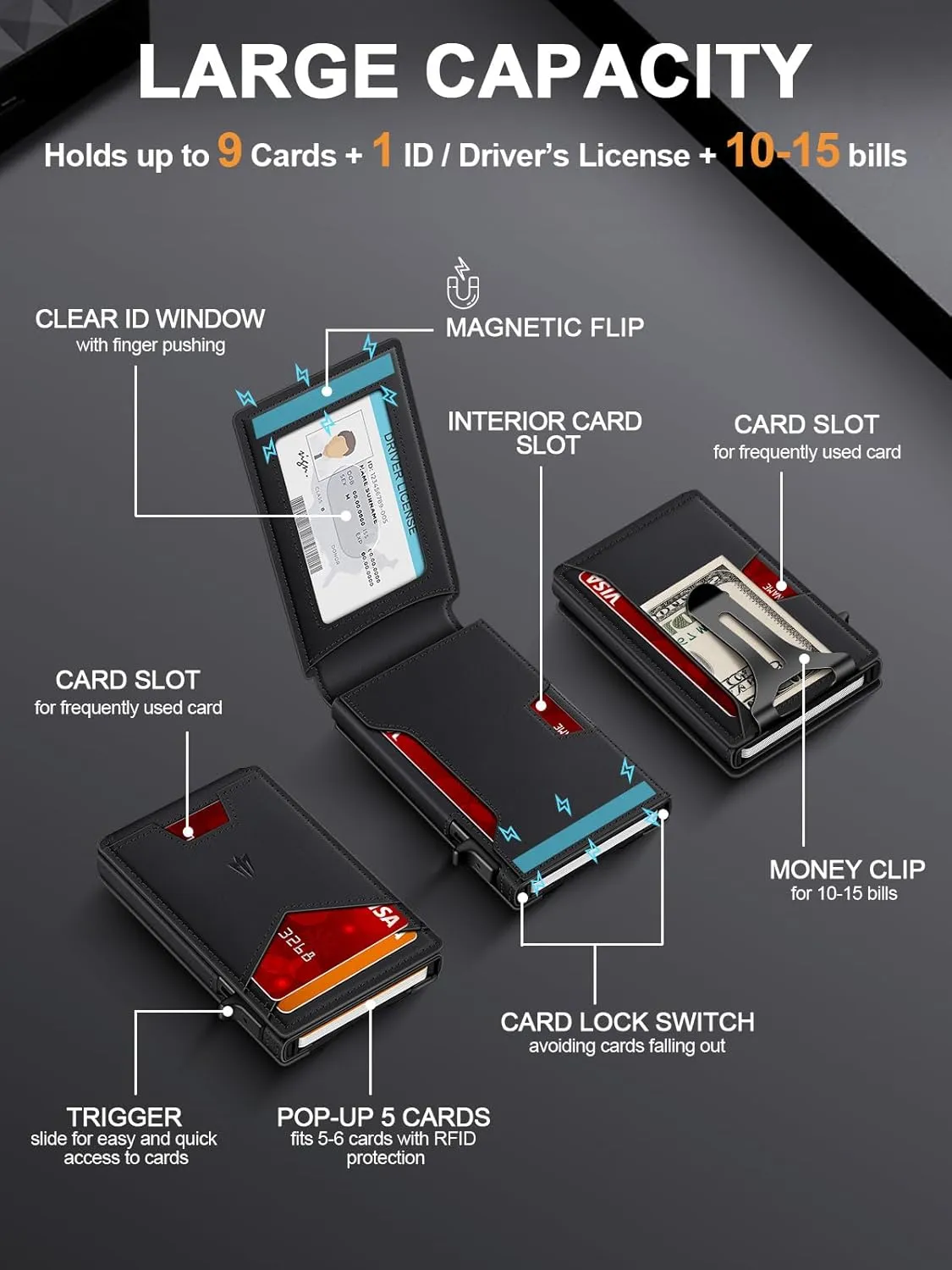 Wallet for Men, Slim Minimalist Wallet with Money Clip ?? ID Window, RFID Blocking Pop-Up Credit Card Holder, Smart Auminum Mens Wallet Holds 9-13 Cards (Magnetic Closure, Gift Box)