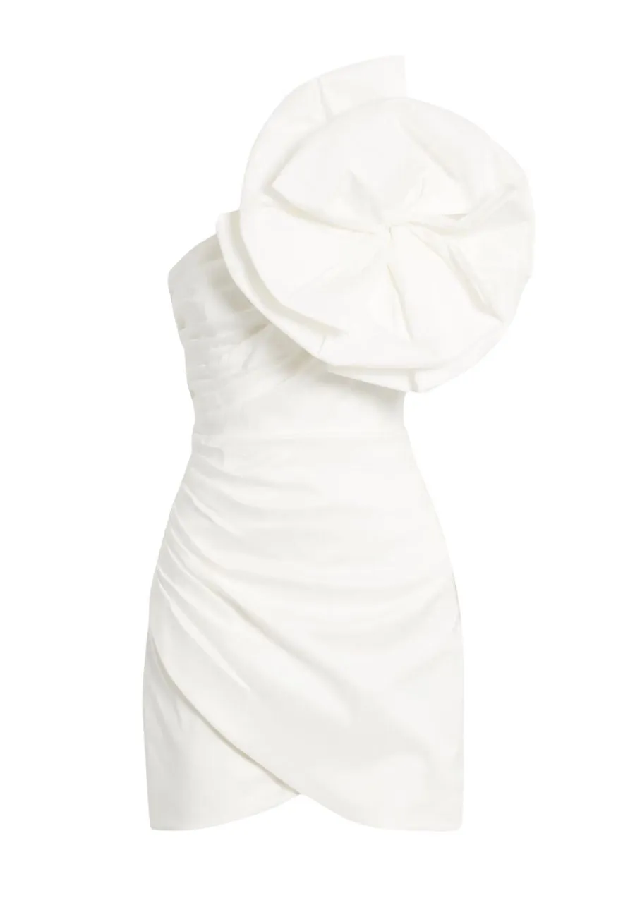 White Evana One Shoulder Shantung Silk Mini Dress