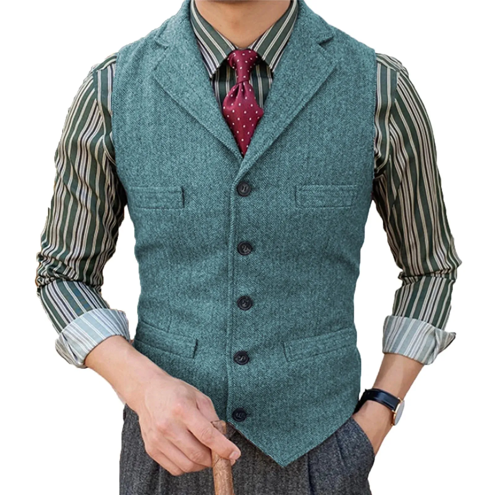Wiaofellas  -  Men's Vest Burgundy Slim Fit Suits Vest Tweed Notch Lapel Wool Business Casual Waistcoat Grossmen For Wedding