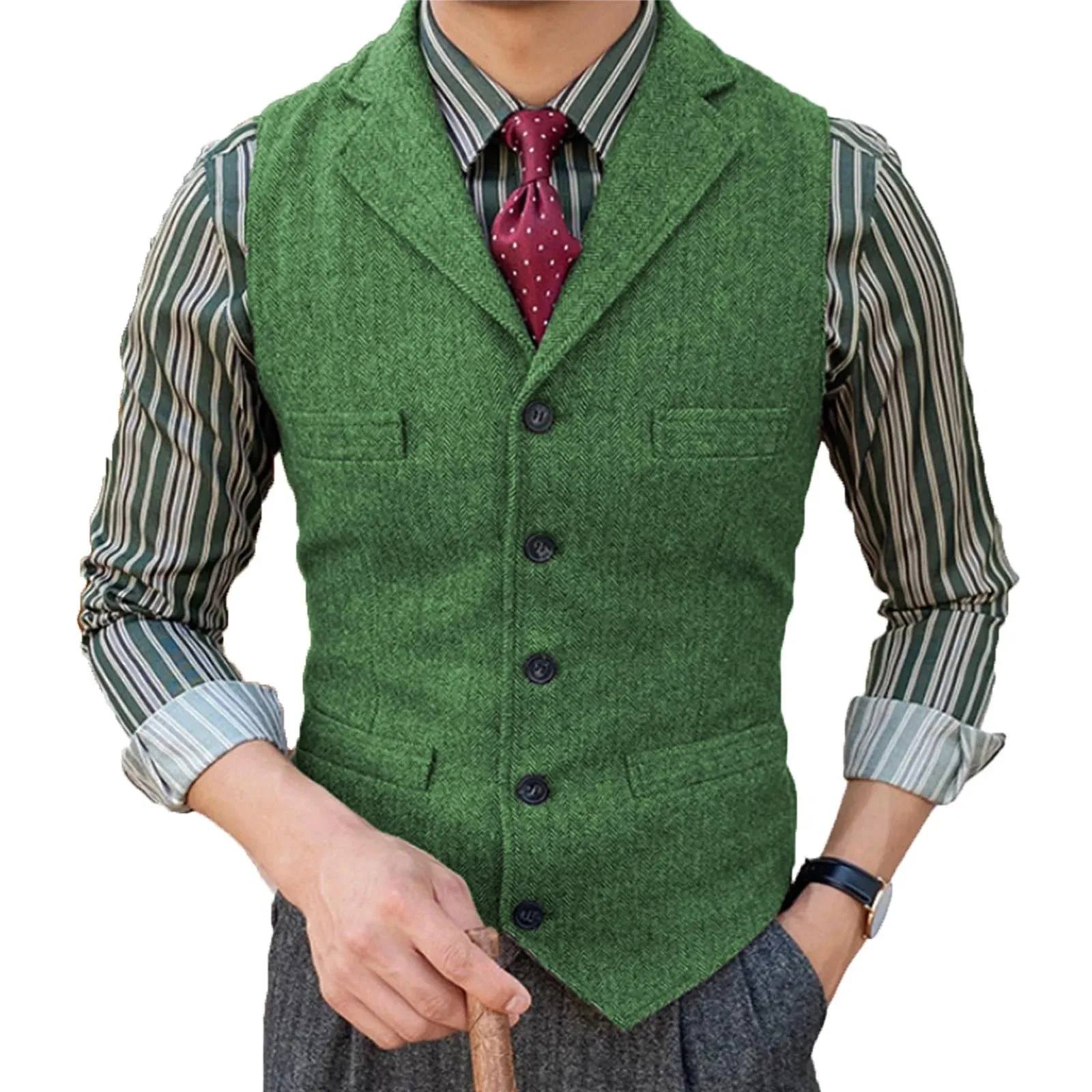 Wiaofellas  -  Men's Vest Burgundy Slim Fit Suits Vest Tweed Notch Lapel Wool Business Casual Waistcoat Grossmen For Wedding