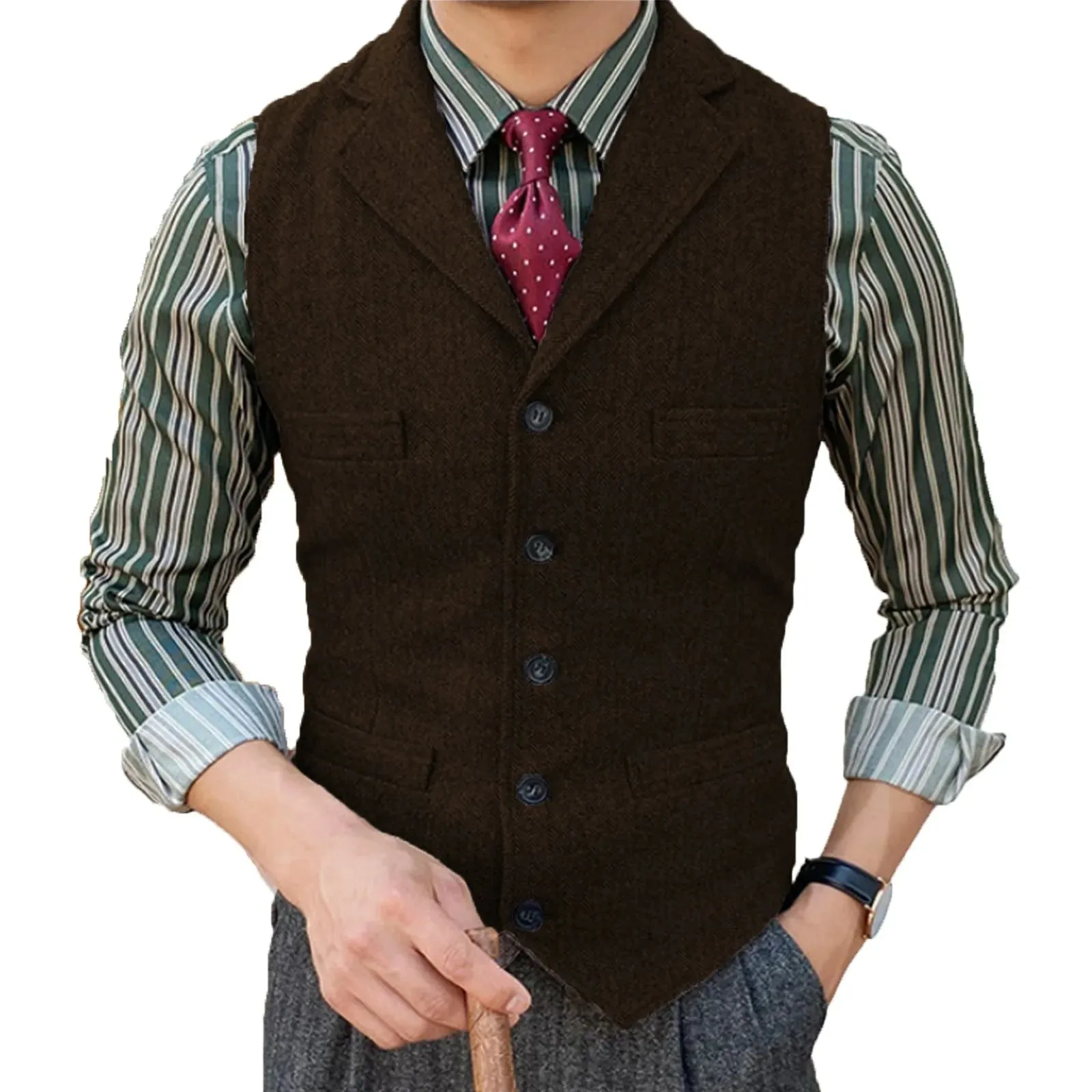 Wiaofellas  -  Men's Vest Burgundy Slim Fit Suits Vest Tweed Notch Lapel Wool Business Casual Waistcoat Grossmen For Wedding